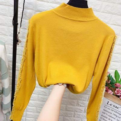 Νέο μοντέλο πλεκτό πουλόβερ γυναικείο  με μανίκια τούλι και ψηλό κολάρο 