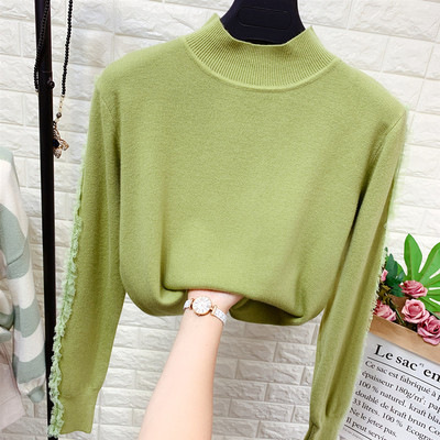 Νέο μοντέλο πλεκτό πουλόβερ γυναικείο  με μανίκια τούλι και ψηλό κολάρο 