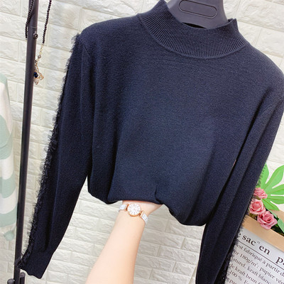 Νέο μοντέλο πλεκτό πουλόβερ γυναικείο  με μανίκια τούλι και ψηλό κολάρο 