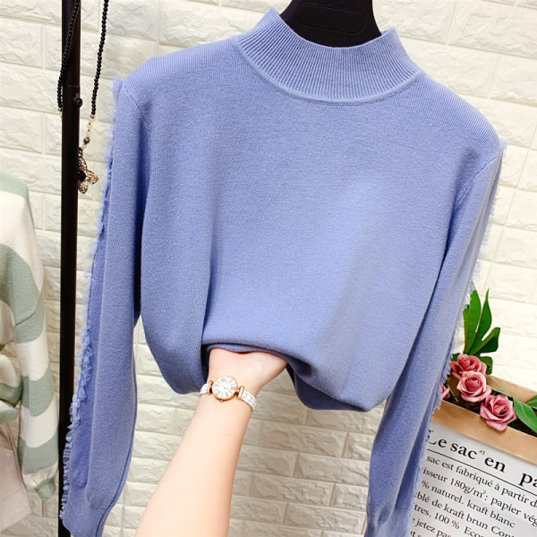 Νέο μοντέλο πλεκτό πουλόβερ γυναικείο  με μανίκια τούλι και ψηλό κολάρο 