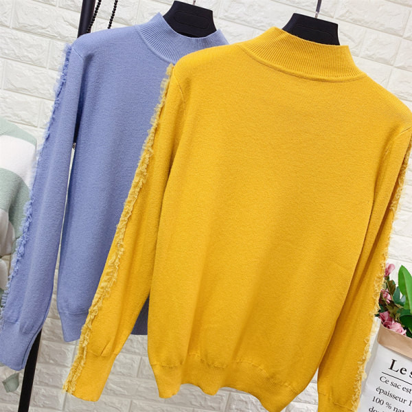 Νέο μοντέλο πλεκτό πουλόβερ γυναικείο  με μανίκια τούλι και ψηλό κολάρο 