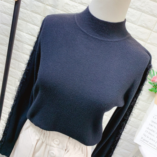 Νέο μοντέλο πλεκτό πουλόβερ γυναικείο  με μανίκια τούλι και ψηλό κολάρο 