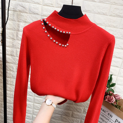 Női pulóver hálóval és magas gallérral fehér, kék, barna, fekete és piros színben