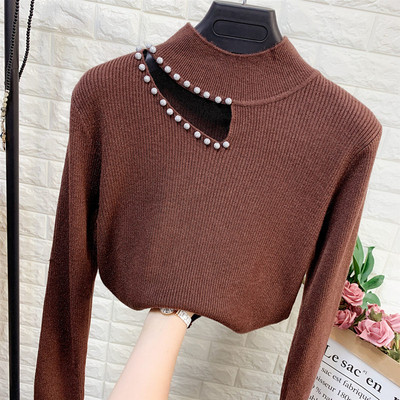 Női pulóver hálóval és magas gallérral fehér, kék, barna, fekete és piros színben