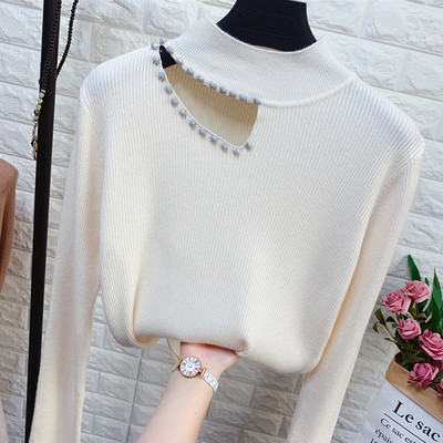 Női pulóver hálóval és magas gallérral fehér, kék, barna, fekete és piros színben