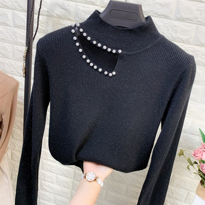 Női pulóver hálóval és magas gallérral fehér, kék, barna, fekete és piros színben