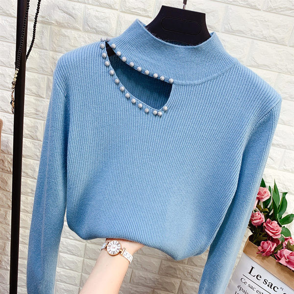 Női pulóver hálóval és magas gallérral fehér, kék, barna, fekete és piros színben