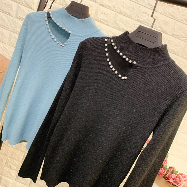 Női pulóver hálóval és magas gallérral fehér, kék, barna, fekete és piros színben