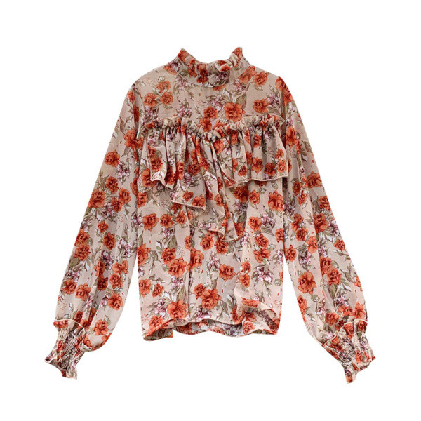 Stílusos női blúz magas gallérral és virágmintával, négy színben