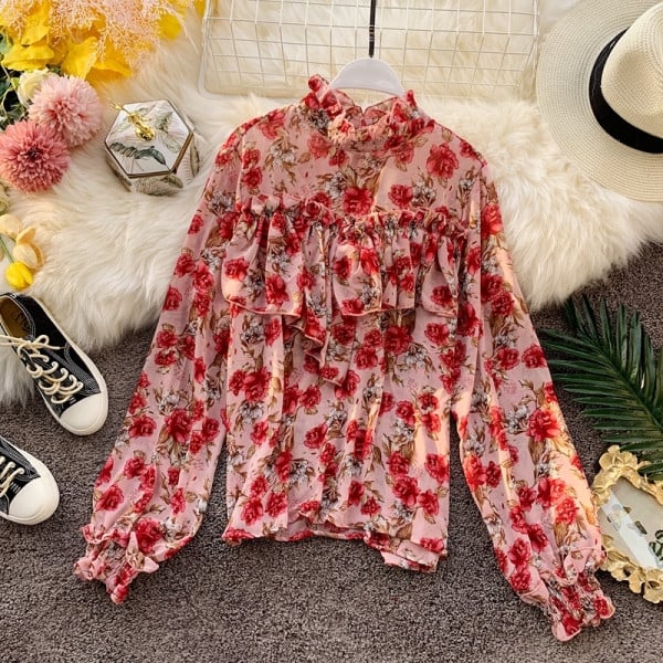 Stílusos női blúz magas gallérral és virágmintával, négy színben