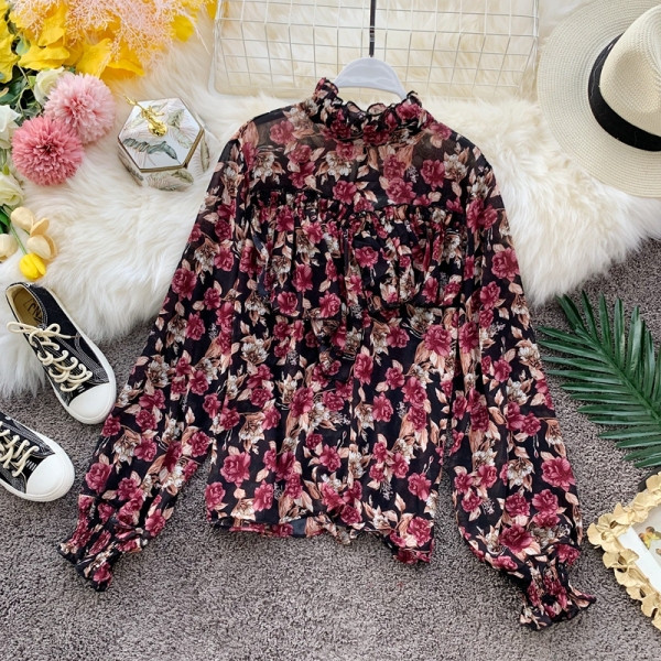 Stílusos női blúz magas gallérral és virágmintával, négy színben