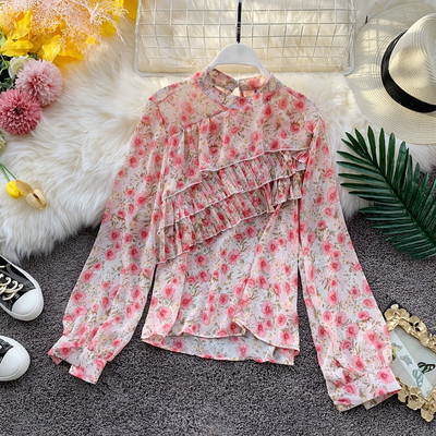 Γυναικεία πουκάμισο σιφόν και floral σχέδιο με μακριά φαρδιά μανίκια σε διάφορα χρώματα