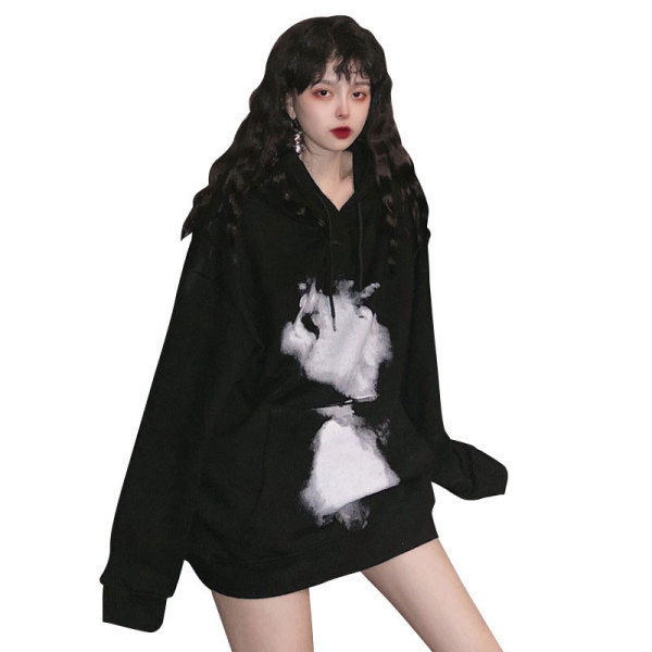 Μακρύ γυναικείο φούτερ με κουκούλα σε μαύρο χρώμα