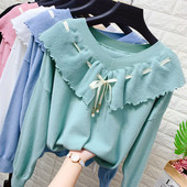 Μοντέρνο γυναικείο πουλόβερ  με λαιμόκοψη και κορδόνια  σε λευκό, μπλε, πράσινο, ροζ και μαύρο χρώμα