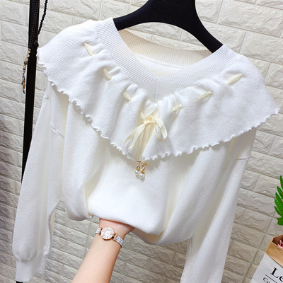 Μοντέρνο γυναικείο πουλόβερ  με λαιμόκοψη και κορδόνια  σε λευκό, μπλε, πράσινο, ροζ και μαύρο χρώμα