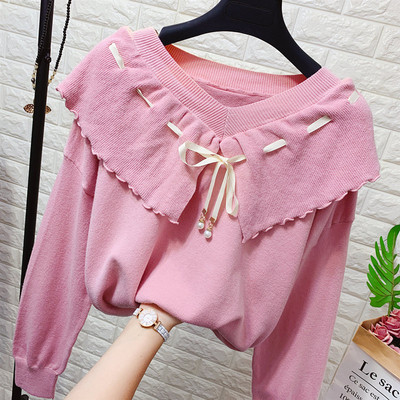 Μοντέρνο γυναικείο πουλόβερ  με λαιμόκοψη και κορδόνια  σε λευκό, μπλε, πράσινο, ροζ και μαύρο χρώμα