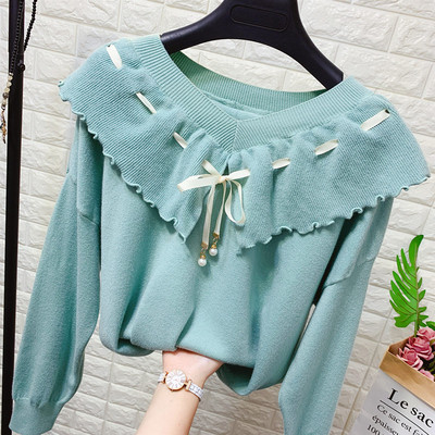 Μοντέρνο γυναικείο πουλόβερ  με λαιμόκοψη και κορδόνια  σε λευκό, μπλε, πράσινο, ροζ και μαύρο χρώμα