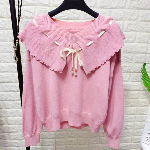 Μοντέρνο γυναικείο πουλόβερ  με λαιμόκοψη και κορδόνια  σε λευκό, μπλε, πράσινο, ροζ και μαύρο χρώμα