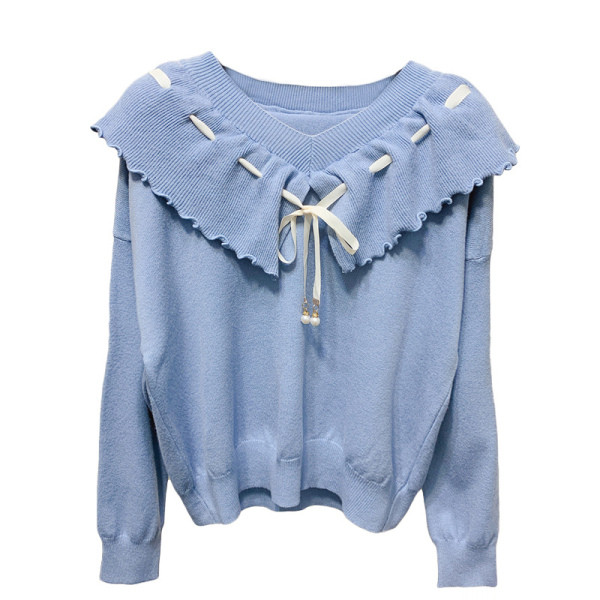 Μοντέρνο γυναικείο πουλόβερ  με λαιμόκοψη και κορδόνια  σε λευκό, μπλε, πράσινο, ροζ και μαύρο χρώμα