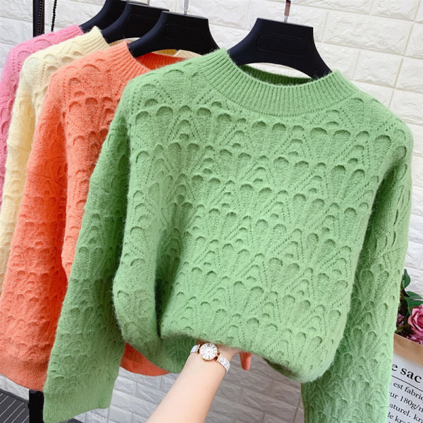 Kötött női pulóver kerek nyakkivágással fehér, zöld, narancssárga, rózsaszín és sárga színben