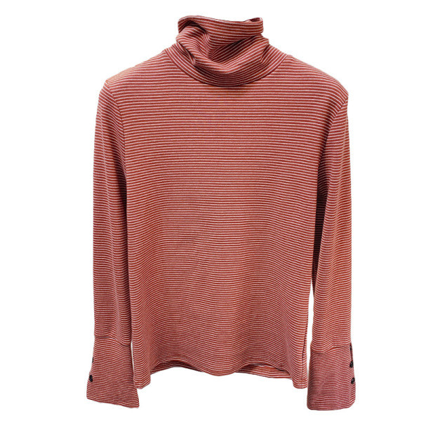 Csíkos női blúz magas pólógallérral és gombokkal az ujjain fehér, fekete, barna és szürke színben