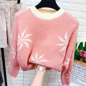 Új modell női pulóver mintával és kerek nyakkivágással, rózsaszín, zöld, kék, sárga narancs színben