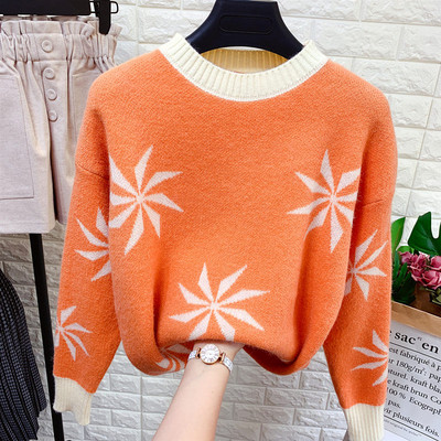 Új modell női pulóver mintával és kerek nyakkivágással, rózsaszín, zöld, kék, sárga narancs színben