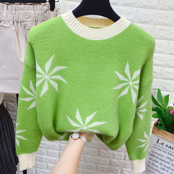 Új modell női pulóver mintával és kerek nyakkivágással, rózsaszín, zöld, kék, sárga narancs színben