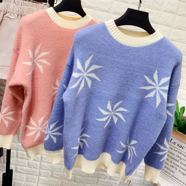 Új modell női pulóver mintával és kerek nyakkivágással, rózsaszín, zöld, kék, sárga narancs színben