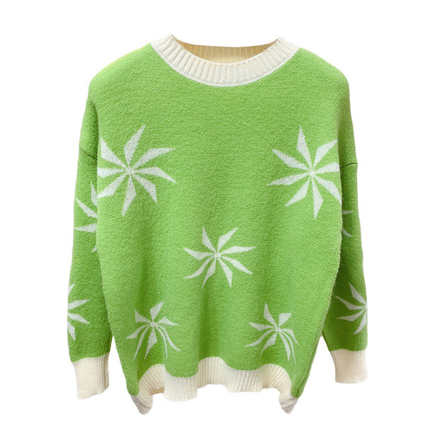 Új modell női pulóver mintával és kerek nyakkivágással, rózsaszín, zöld, kék, sárga narancs színben