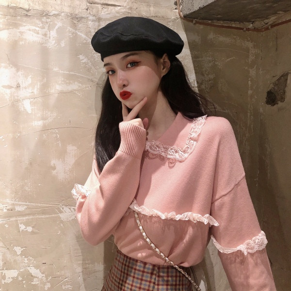 Γυναικεία κορυφή μπλούζα σε ροζ και λευκό χρώμα με μακριά μανίκια