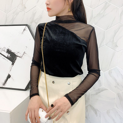 Дамска елегантна блуза с тюл в няколко цвята от кадифе