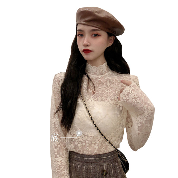 Γυναικεία σύγχρονη δαντελένια μπλούζα με ψηλό γιακά