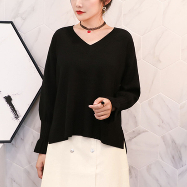 Új modell női pulóver lótusz ujjal és spitz nyakkivágással fehér, fekete, sárga és piros színben