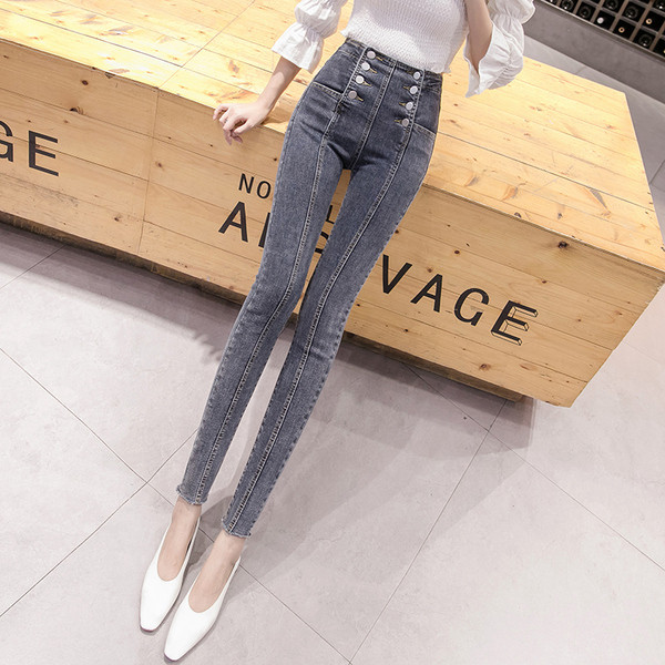 Modern női farmer szürke és kék színben, magas derékkal és gombokkal