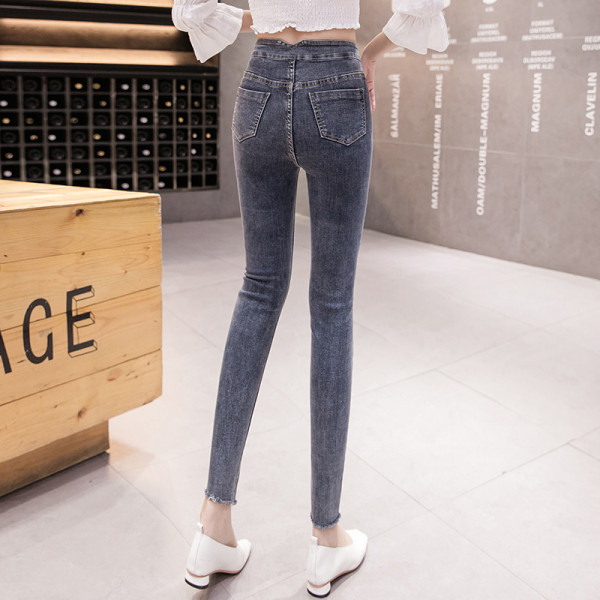 Modern női farmer szürke és kék színben, magas derékkal és gombokkal