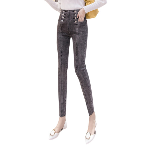 Modern női farmer szürke és kék színben, magas derékkal és gombokkal