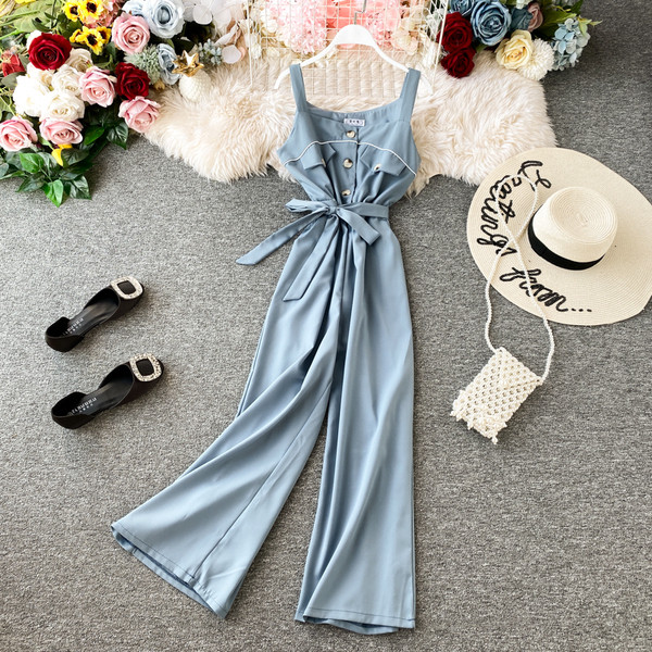 Μοντέρνες γυναικείες ολόσωμες φόρμες με λεπτές λωρίδες και ζώνη σε διάφορα χρώματα