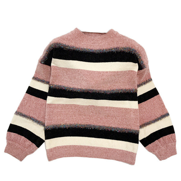 Ριγέ  γυναικείο πουλόβερ με δαντέλα με λαιμόκοψη O σε ροζ, μαύρο και μπλε χρώμα