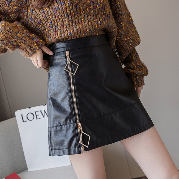 Modern női szoknya öko bőrből, cipzárral és magas derékkal, fekete színben