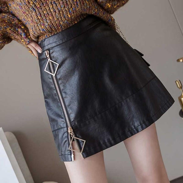 Modern női szoknya öko bőrből, cipzárral és magas derékkal, fekete színben