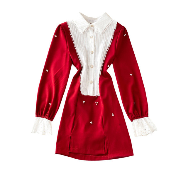 Γυναικείο φόρεμα σσύμμετρη μοντέλο με κλασικό κολάρο και μακρύ μανίκι σε μαύρο και κόκκινο χρώμα