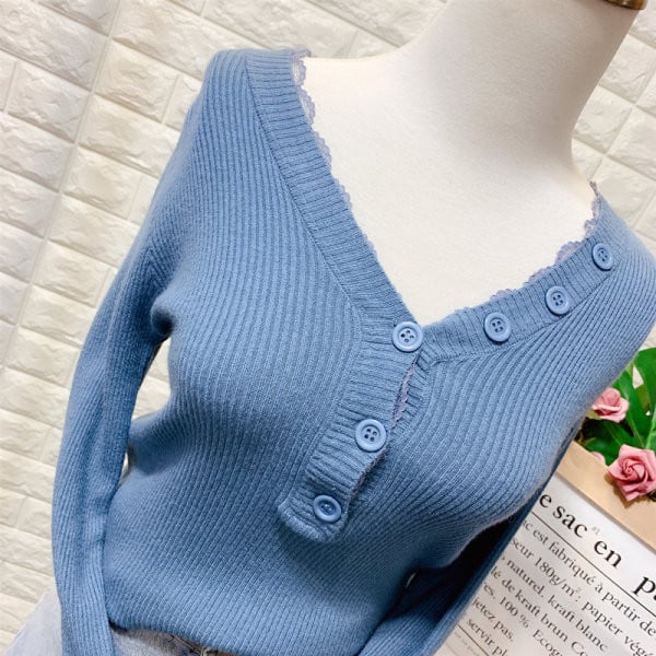 Νέο μοντέλο καθημερινή γυναικεία μπλούζα από δαντέλα και κουμπιά με λαιμόκοψη σε διάφορα χρώματα