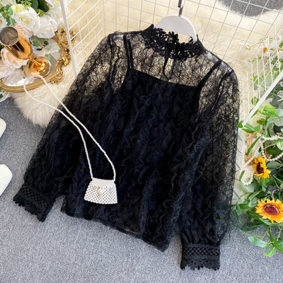 Modern női ing csipkével és tüllel bézs, fekete és fehér színben