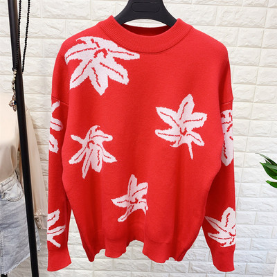 Női alkalmi pulóver mintás, kerek nyakkivágással, piros és bézs színben