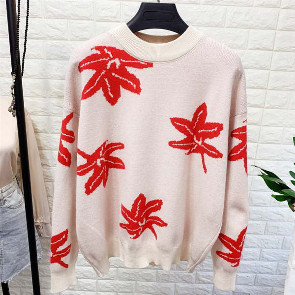 Női alkalmi pulóver mintás, kerek nyakkivágással, piros és bézs színben