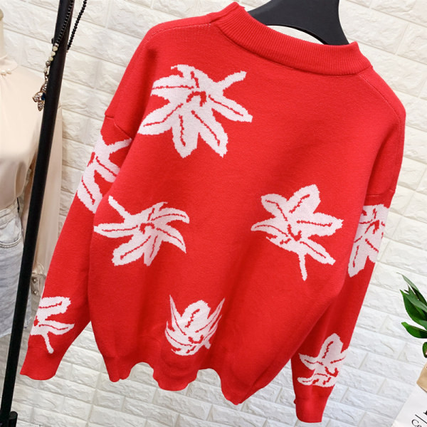 Női alkalmi pulóver mintás, kerek nyakkivágással, piros és bézs színben