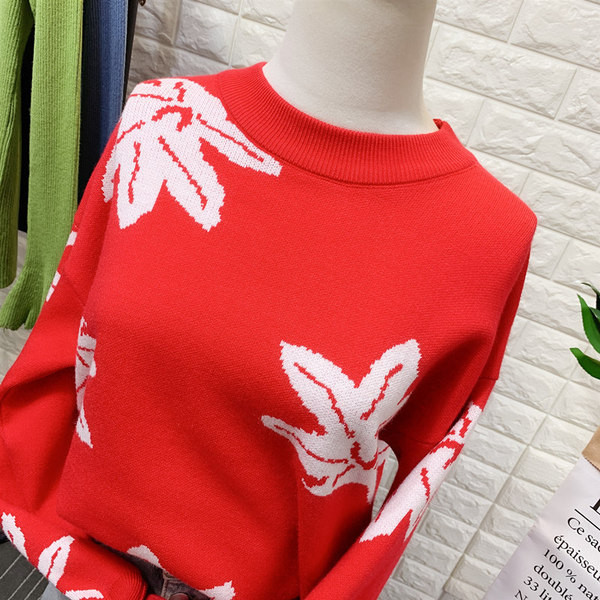 Női alkalmi pulóver mintás, kerek nyakkivágással, piros és bézs színben