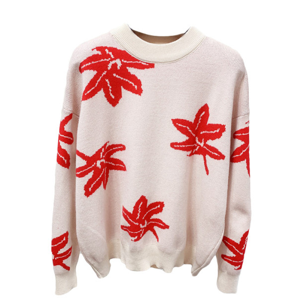 Női alkalmi pulóver mintás, kerek nyakkivágással, piros és bézs színben