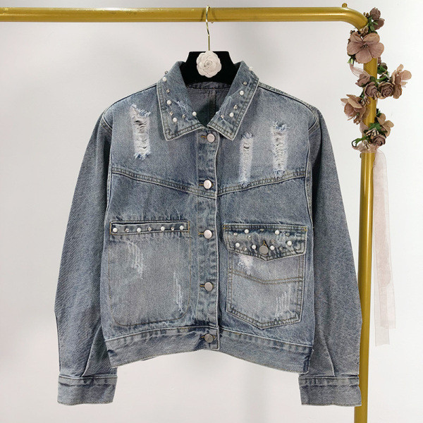 Κοντό  μοντέρνο τζιν μπουφάν με διακόσμηση - πέρλες